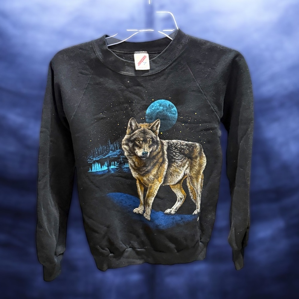 Vintage Black Wolf + Moon Print Sweater